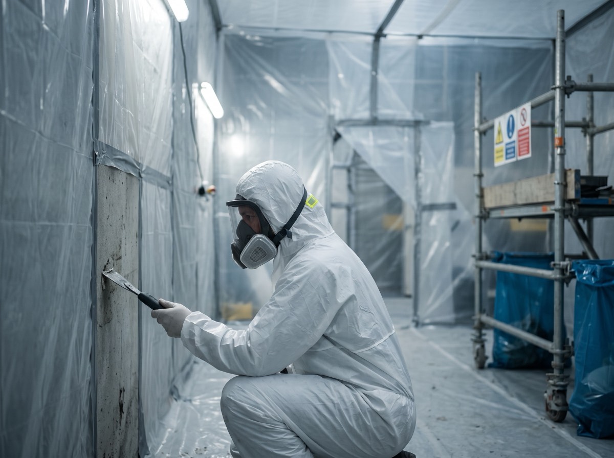 A licensed asbestos removal operative in full RPE and coveralls stripping a wall inside a sealed polythene enclosure, the work that requires a medical from an HSE Appointed Doctor