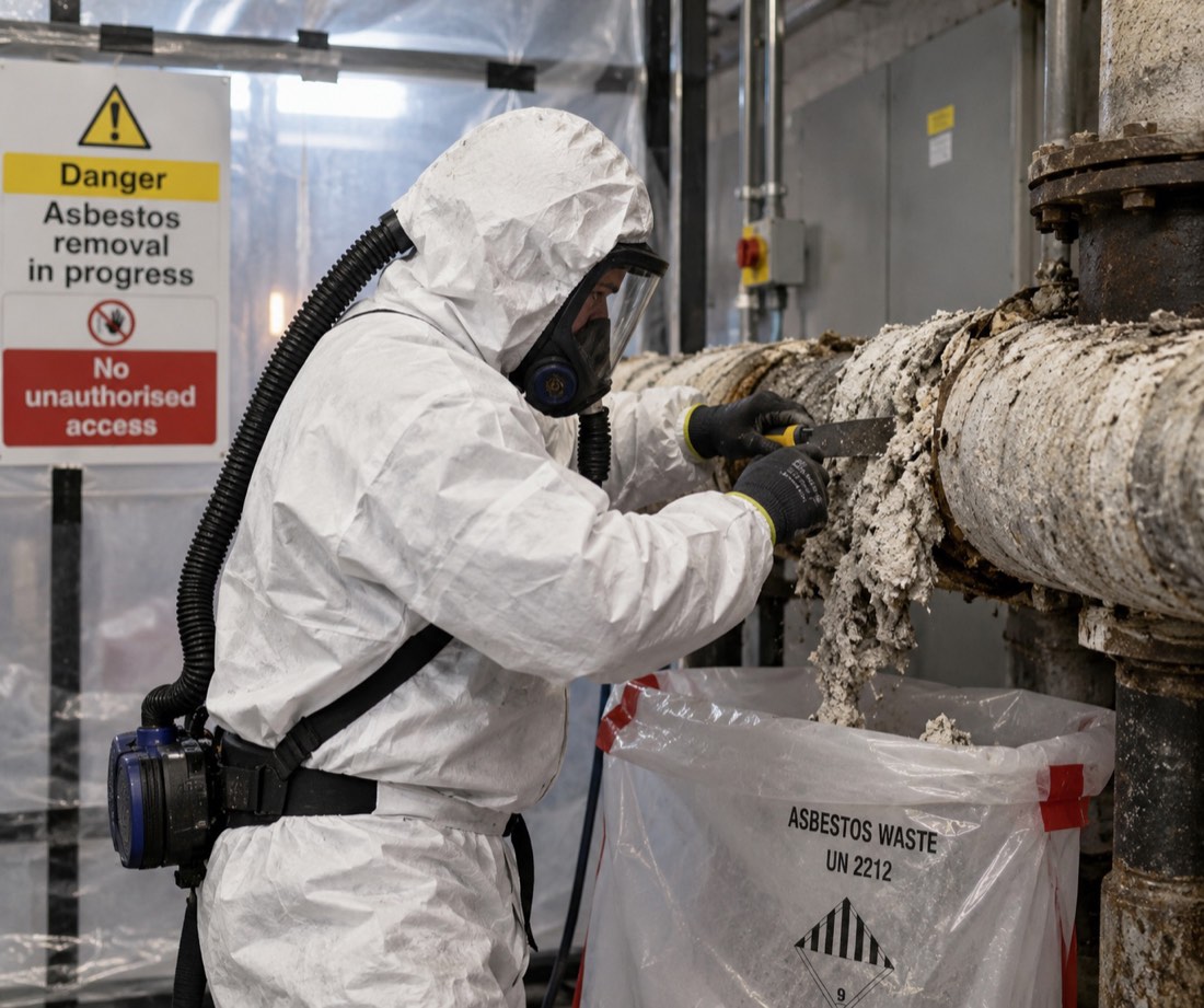 A licensed asbestos removal operative in full coveralls and a respirator stripping asbestos lagging from pipework inside a sealed enclosure, the licensable work that requires an HSE Appointed Doctor medical