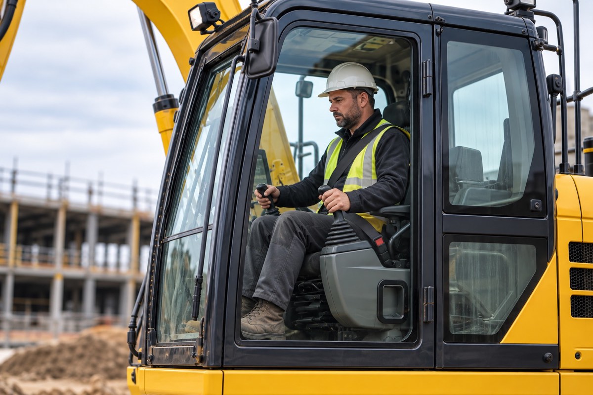 A plant operator at the controls of a tracked excavator with the cab seatbelt fastened, the kind of safety critical work a medical assesses fitness to carry out