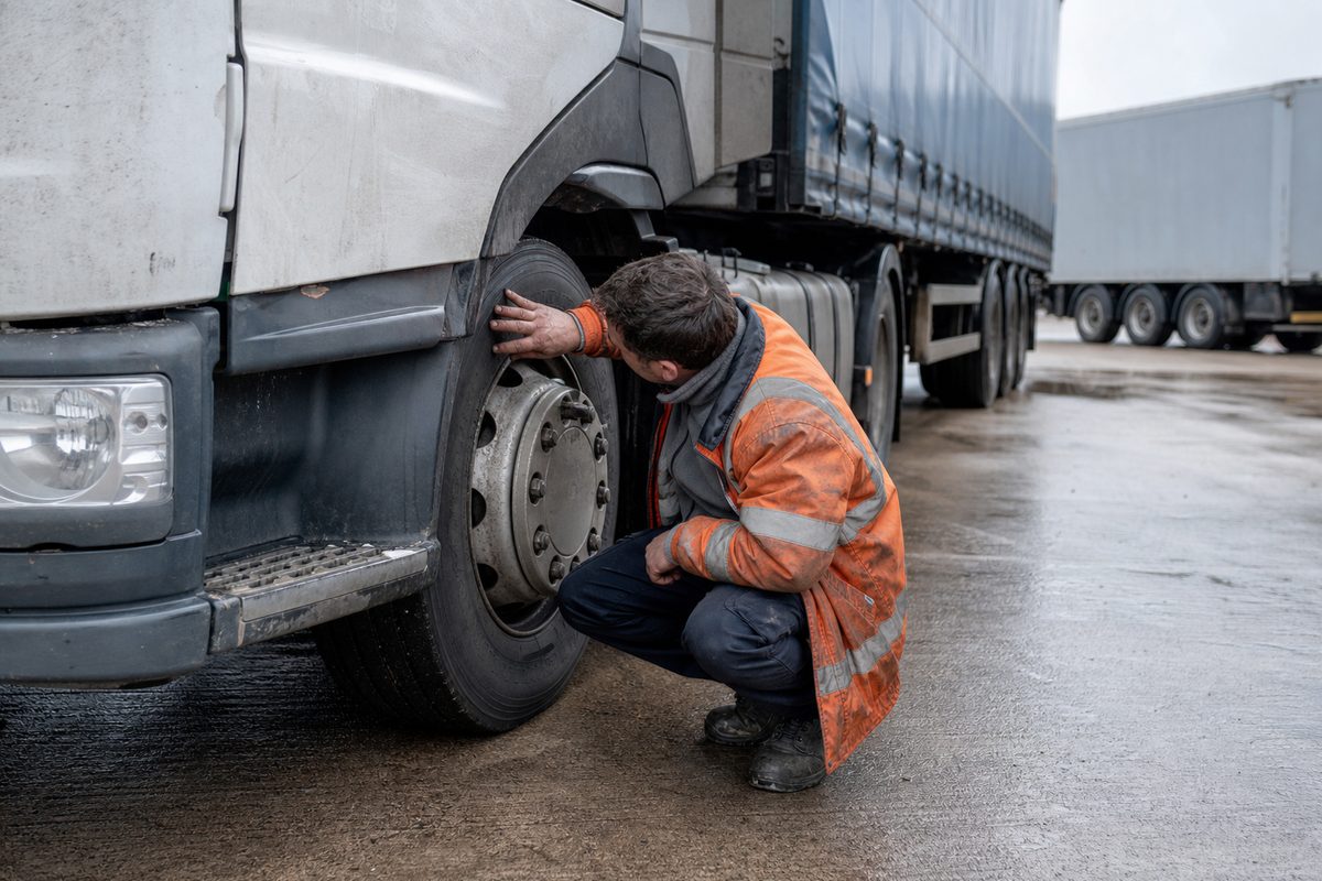An HGV driver checking a mirror during a walk-round inspection in a depot yard, the daily duty a D4 medical certifies fitness to carry out