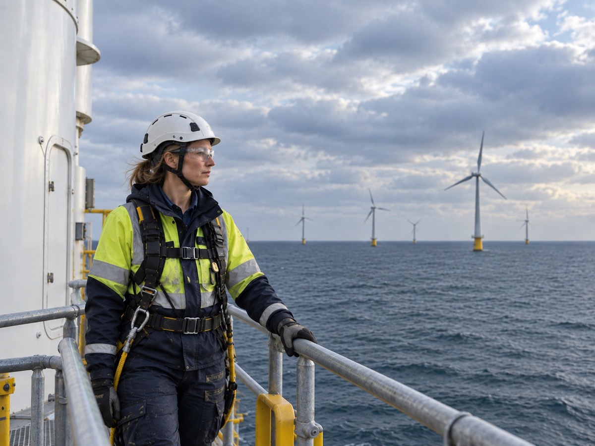 A female offshore wind technician in a helmet, safety glasses and safety harness on a turbine access platform, the kind of worker who needs a current certificate to stay offshore
